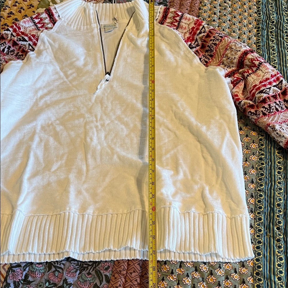 Sundance Fair Isle White 1/4 Zip Sweater with Red Patterned Sleeves, NWT, L - Picture 9 of 10